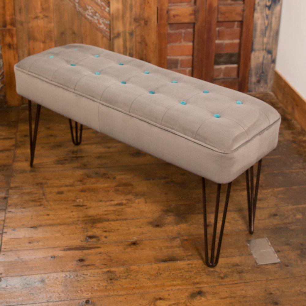 Mid Century Design Hairpin Leg Bench In Grey Velvet And Teal Sh