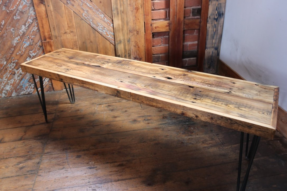 Reclaimed wood bench with hairpin legs