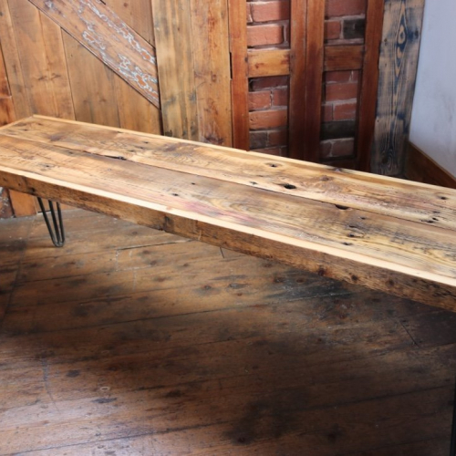 Reclaimed wood bench with hairpin legs