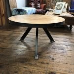 Reclaimed Maple Wood Round Coffee Table With Cross Section Frame