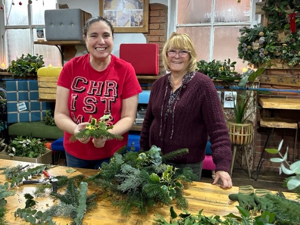 Ros helping make a Christmas wreath