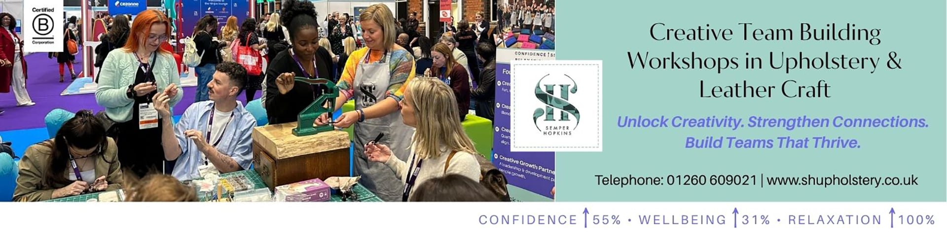 Creative Pause leathercraft workshops at CIPD ACE — stand buzzing with activity.