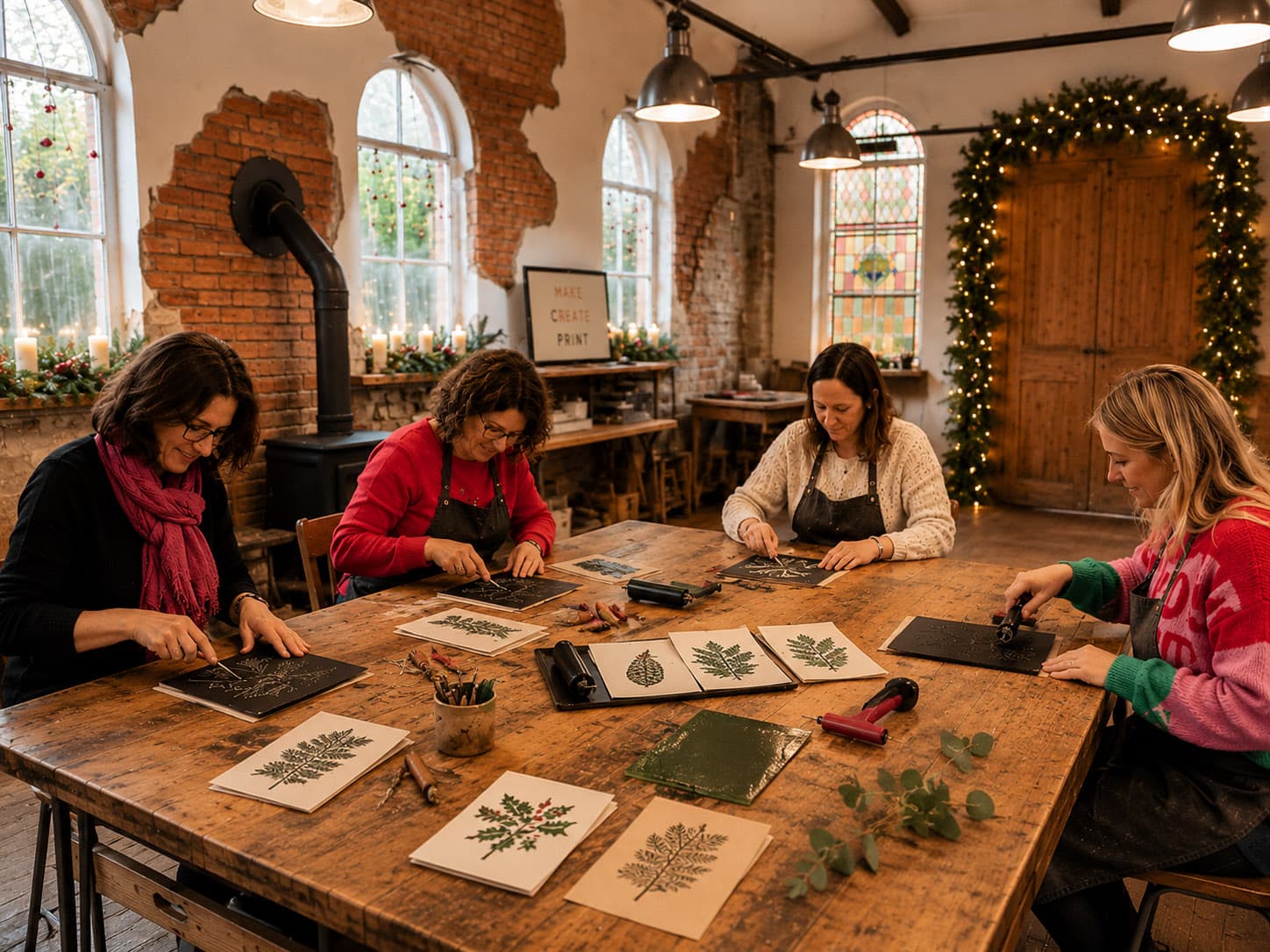 Christmas Wreath Making Workshops Cheshire Guests enjoying a Christmas wreath making workshop in a festively decorated chapel in Cheshire