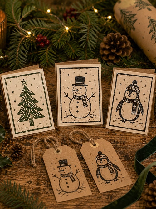 Christmas printmaking workshop creating wrapping paper cards and gift tags in Cheshire