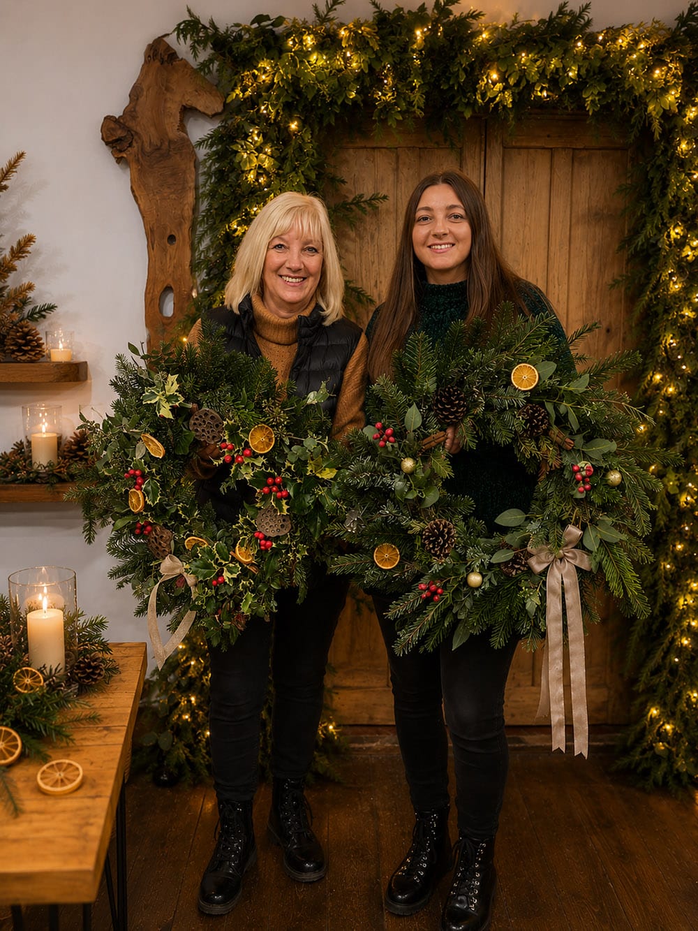 Christmas Wreath Making Workshops Cheshire Guests enjoying a Christmas wreath making workshop in a festively decorated chapel in Cheshire