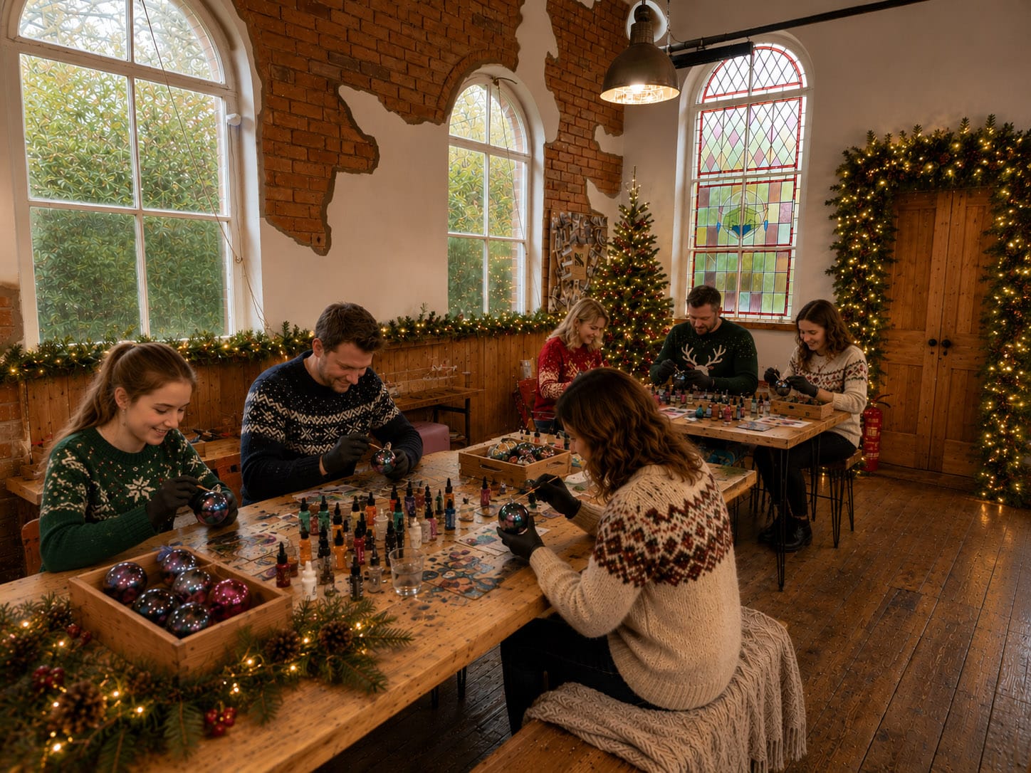 Guests enjoying a Christmas wreath making workshop in a festively decorated chapel in Cheshire