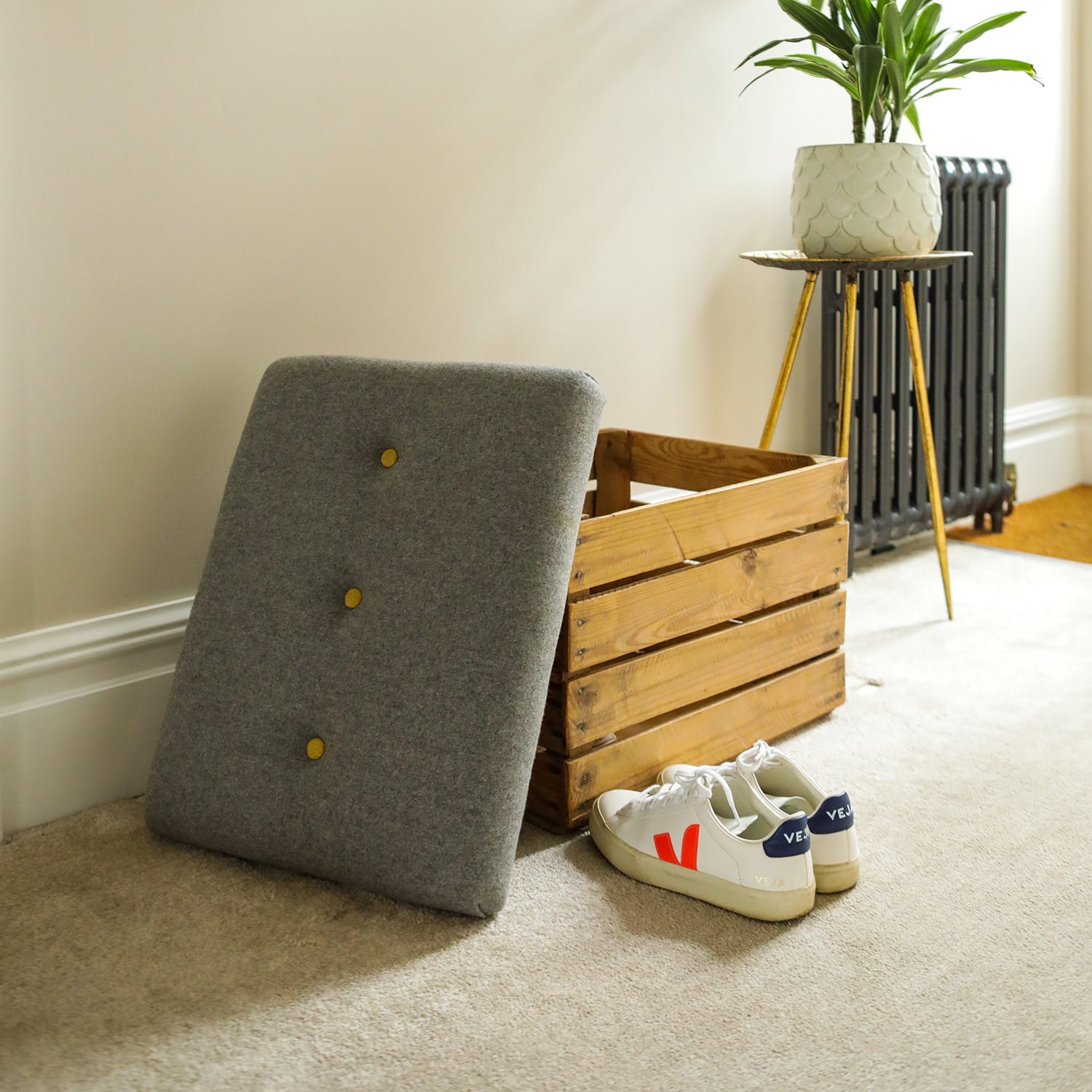 Handmade upholstered storage crate created during beginner upholstery workshop in Cheshire