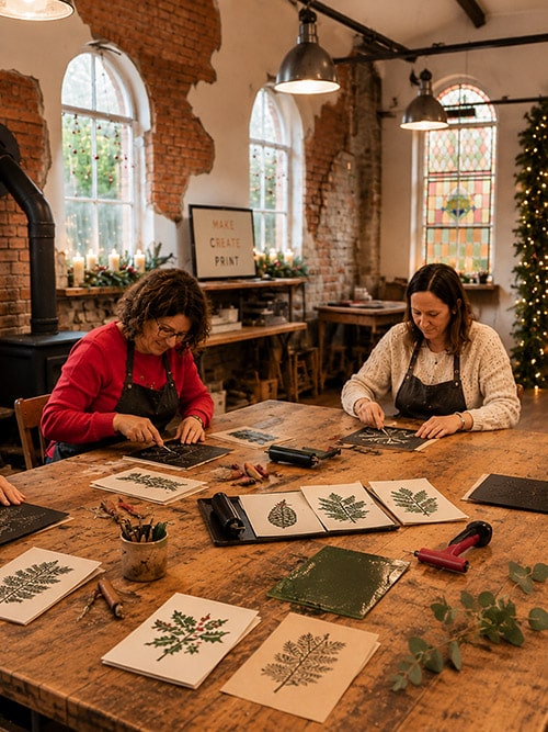Guests enjoying a Christmas lino printmaking workshop in a Cheshire chapel studio creating handmade festive cards and wrapping paper