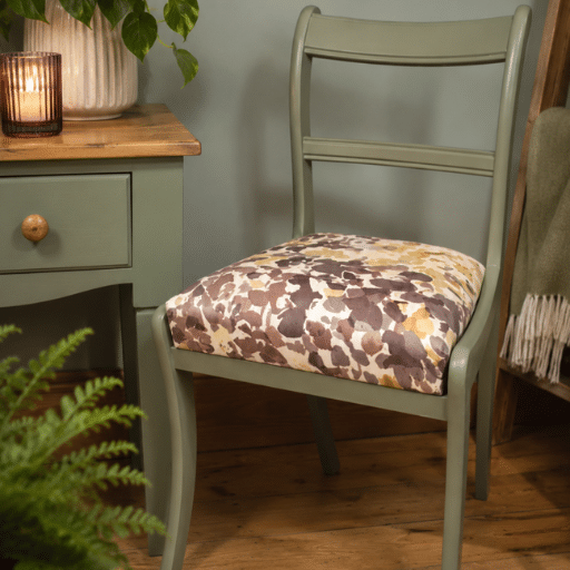 Upcycled dining chair with a freshly upholstered seat, created as part of the Design & Transform Your Room programme.